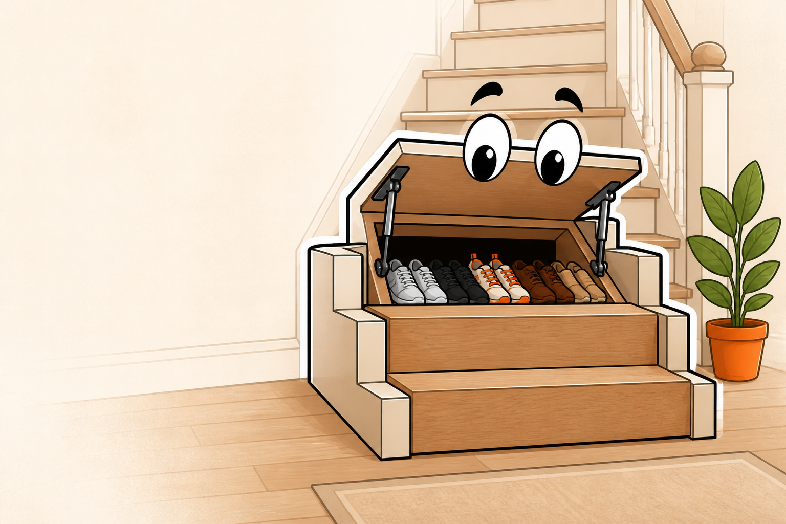 The Shoe Hole stair storage mascot in a modern hallway