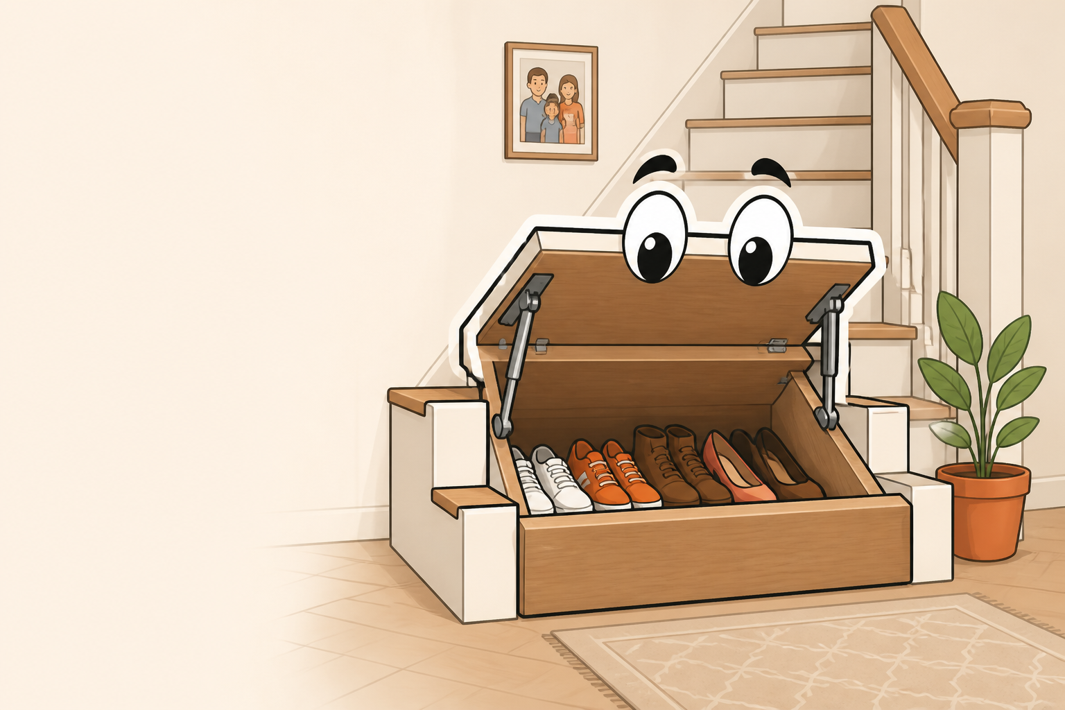 Illustrated Shoe Hole lift-up stair storage open in a modern hallway
