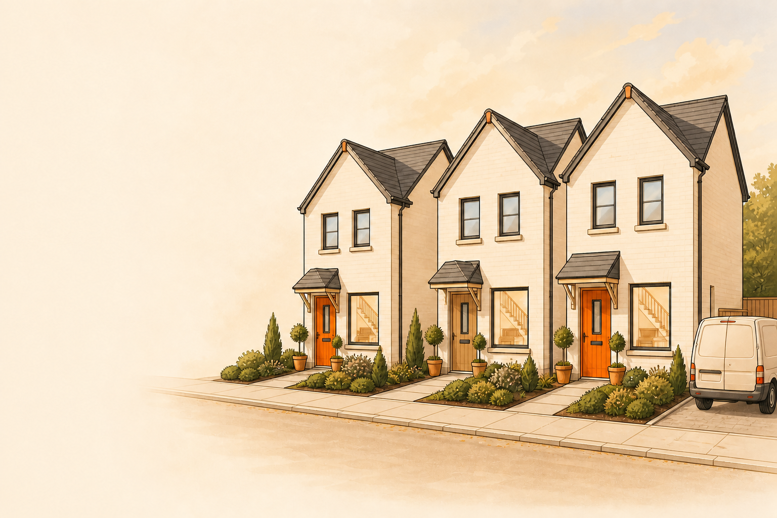Illustrated modern new-build street for the Shoe Hole neighbour deal