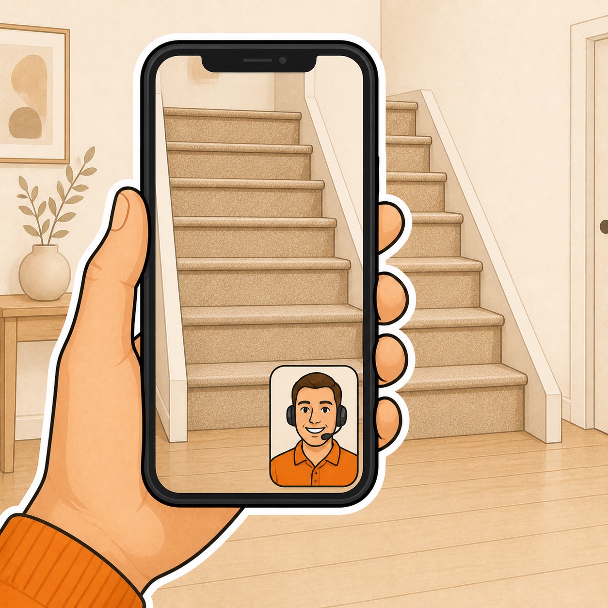 Friendly video stair check shown on a phone