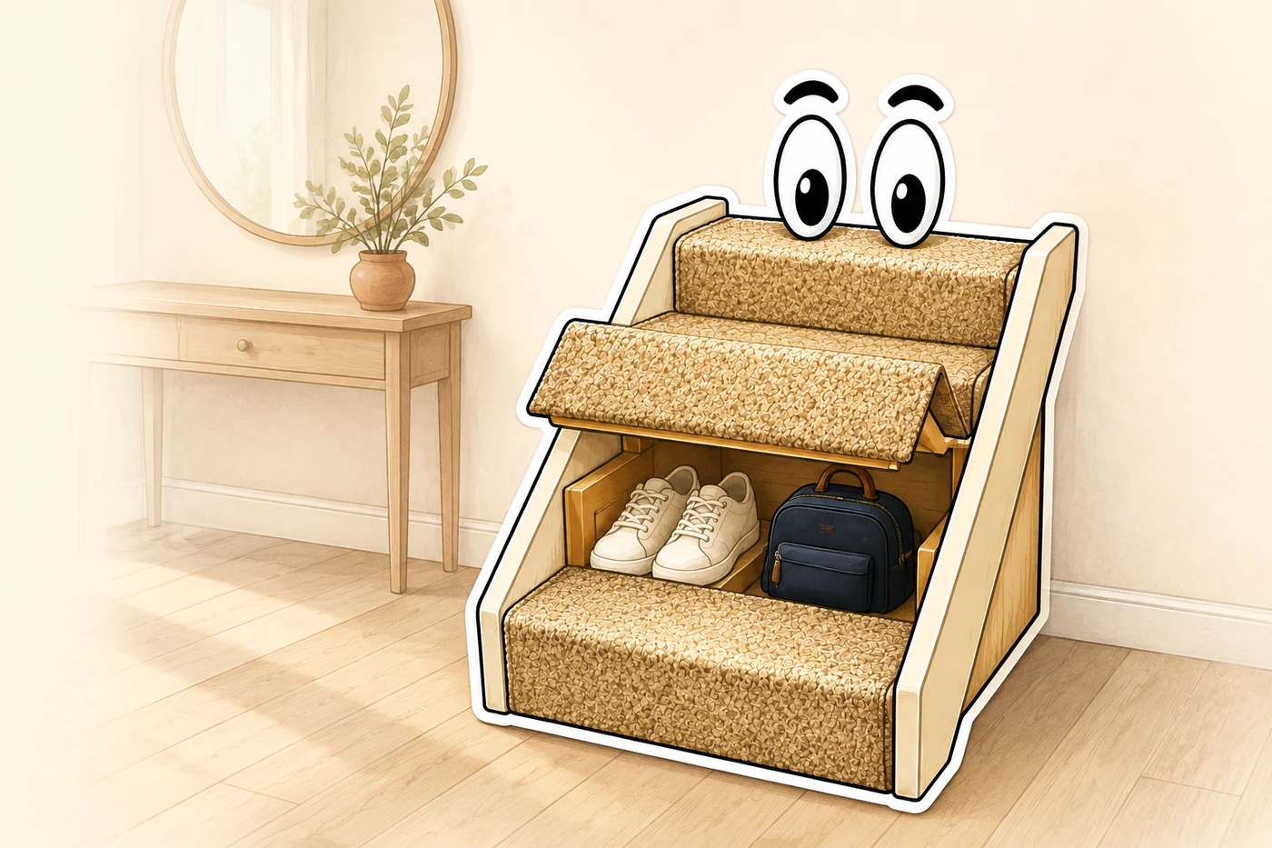 Shoe Hole’s four-step cartoon mascot, with shoes and a school bag inside its lift-up middle steps