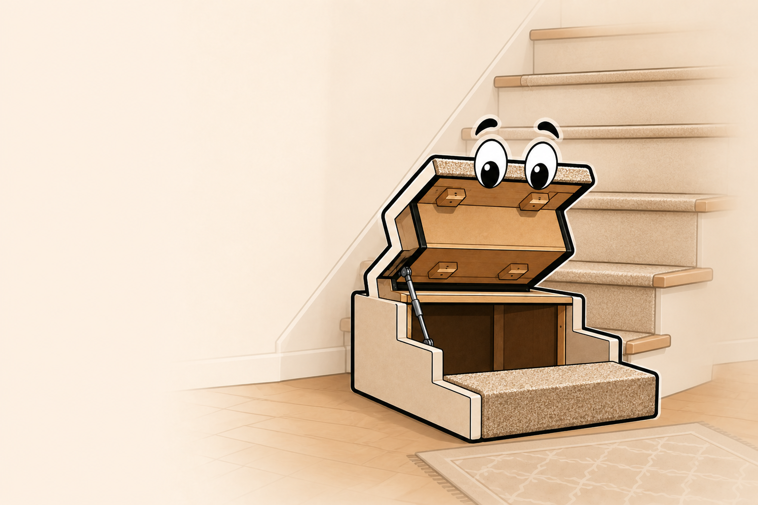 Open two-step Shoe Hole storage character in a softly illustrated modern hallway