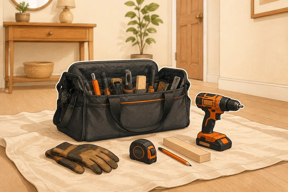 Hand-drawn illustration of an installer’s prepared tool bag, measuring tape and gloves in a hallway