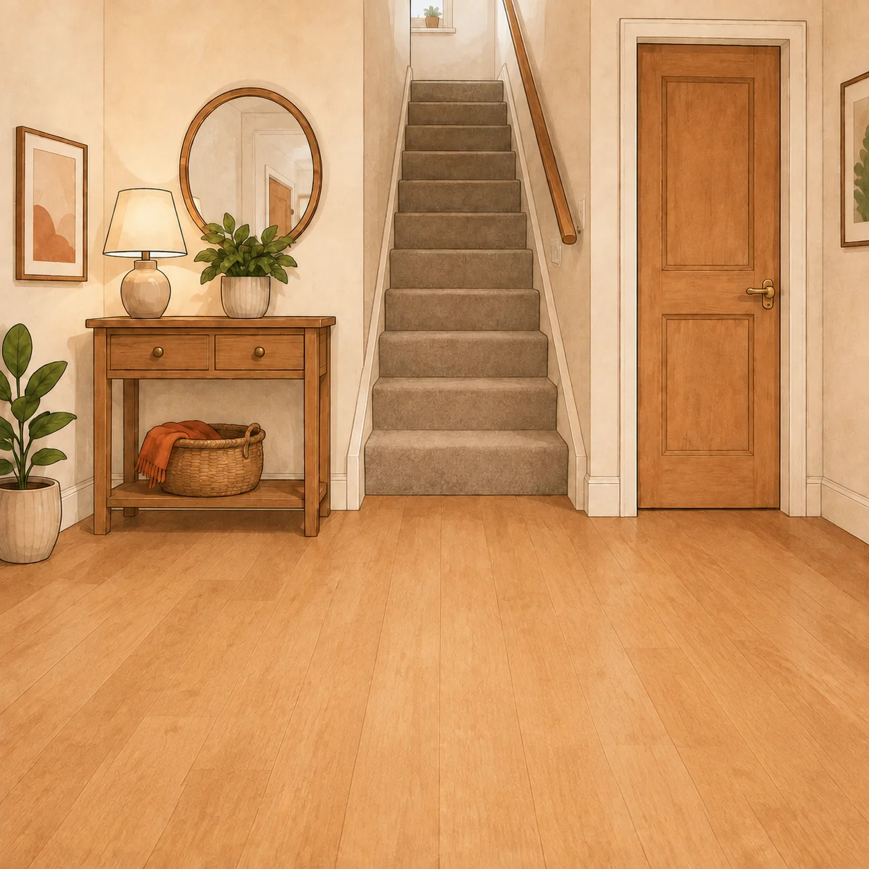 The same illustrated hallway with its floor clear and all the stairs closed