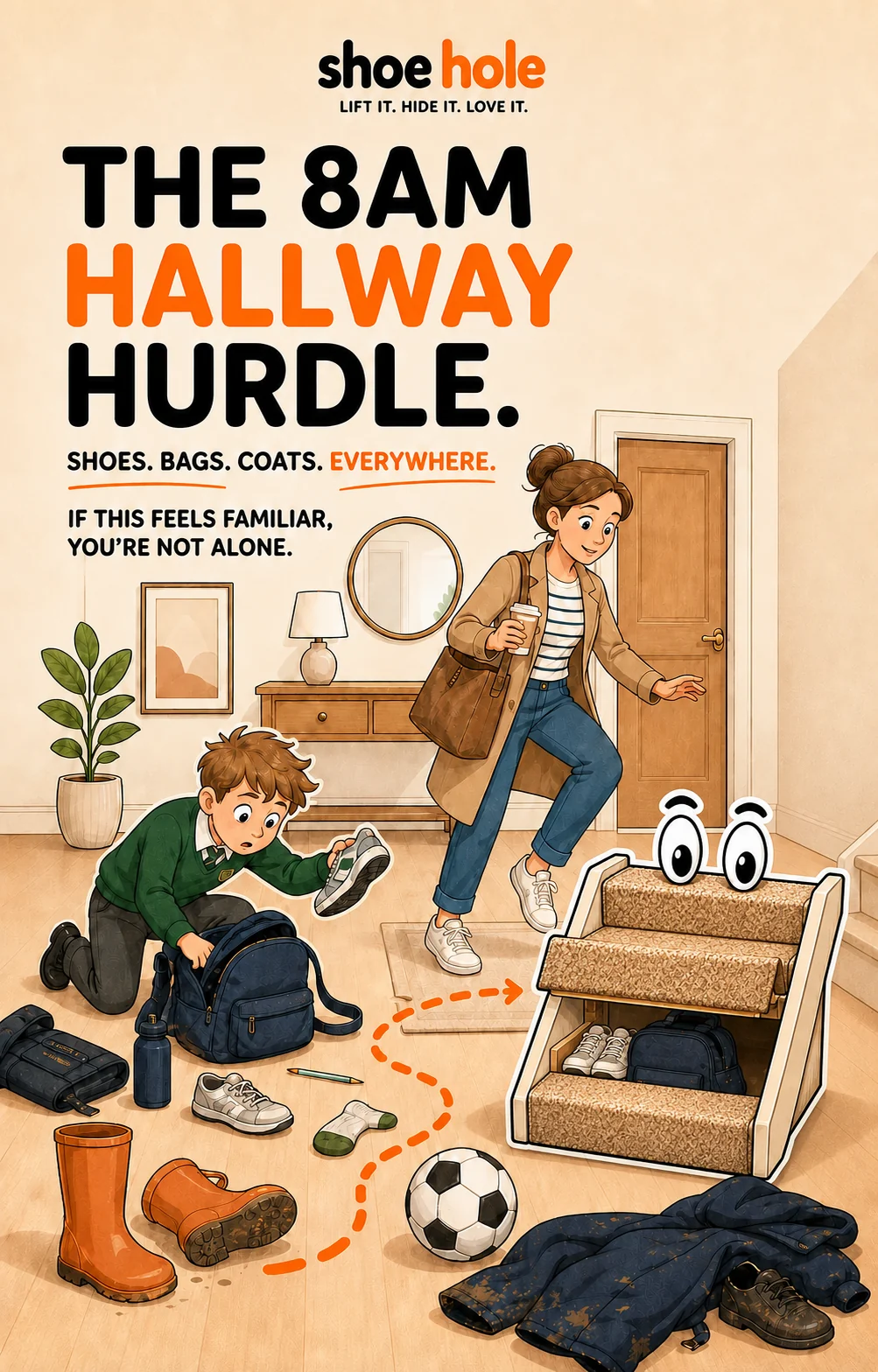 A cartoon family navigating shoes, wellies and bags during the school run