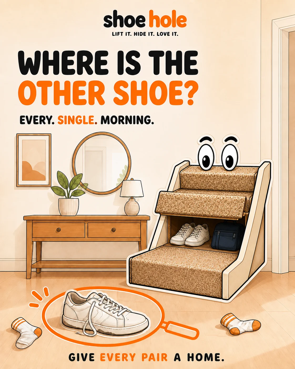 Shoe Hole’s illustrated Where is the other shoe poster, with the friendly stair mascot and a lost trainer