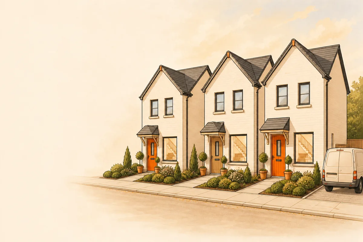 Illustrated neighbouring homes with matching staircases and orange front doors